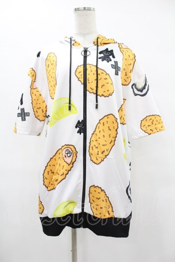 画像1: NieR Clothing / 総柄ZIP半袖パーカー  白 H-25-08-04-1058-PU-TO-KB-ZT151 (1)