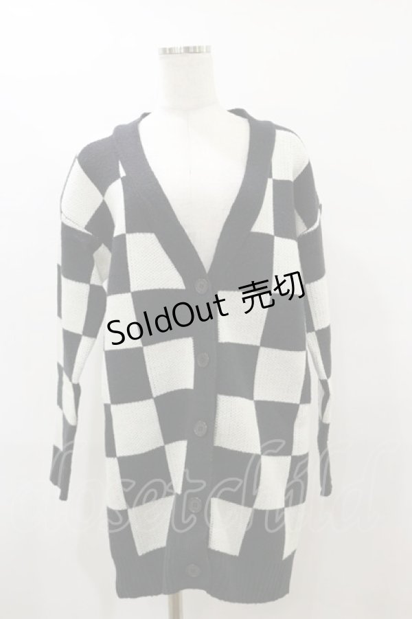 画像1: Drug Honey / ブロックチェックニットカーディガン  黒×オフ H-25-08-05-011-PU-TO-KB-ZH (1)