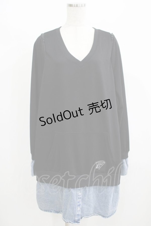 画像1: NieR Clothing / デニム切替オフショルワンピ  黒×ブルーデニム H-25-08-10-1057-PU-OP-KB-ZH (1)