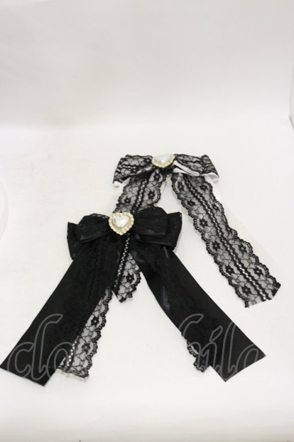 画像1: Princess Melody / パールハートレースおリボンクリップ  ブラック/オフ H-25-08-12-001-EL-AC-NS-ZH (1)