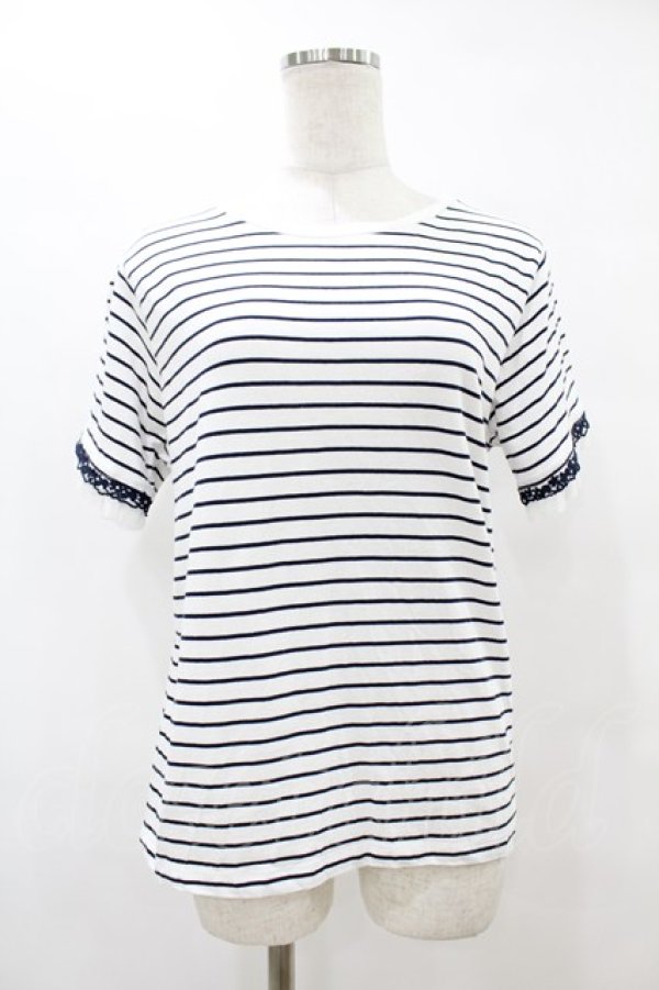 画像1: axes femme / レース×チュール袖Tシャツ Free オフ/ネイビーボーダー H-25-08-15-1058-AX-TS-NS-ZH (1)