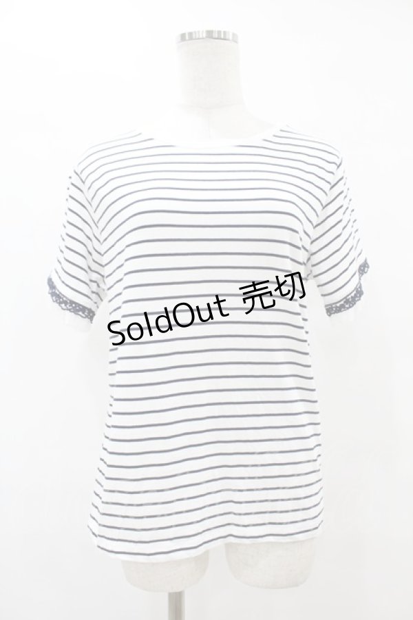 画像1: axes femme / レース×チュール袖Tシャツ Free オフ/ネイビーボーダー H-25-08-15-1058-AX-TS-NS-ZH (1)