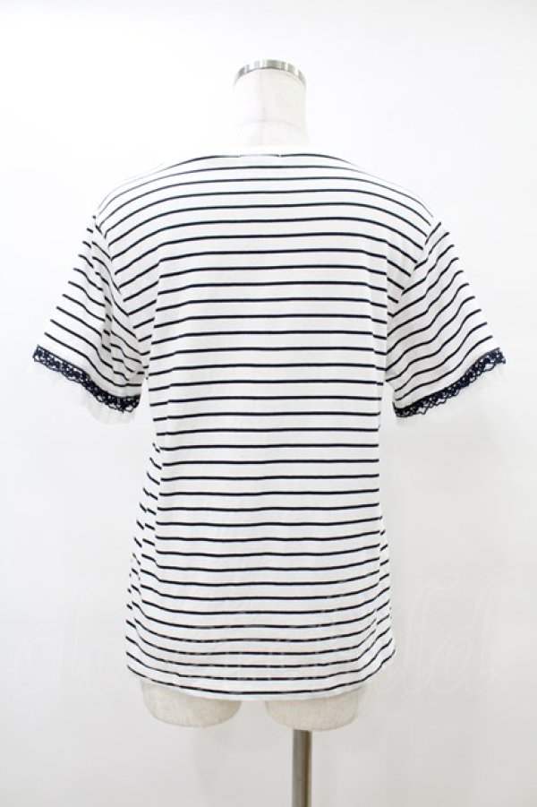 画像2: axes femme / レース×チュール袖Tシャツ Free オフ/ネイビーボーダー H-25-08-15-1058-AX-TS-NS-ZH (2)