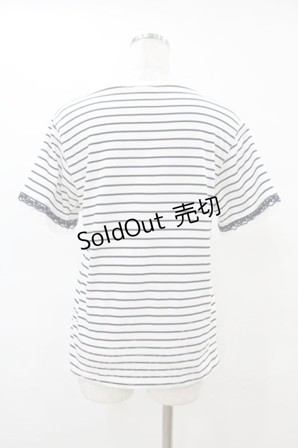 画像2: axes femme / レース×チュール袖Tシャツ Free オフ/ネイビーボーダー H-25-08-15-1058-AX-TS-NS-ZH (2)