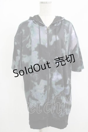 画像: NieR Clothing / 総柄ZIP半袖パーカー  黒 H-25-08-15-054-PU-TO-KB-ZH