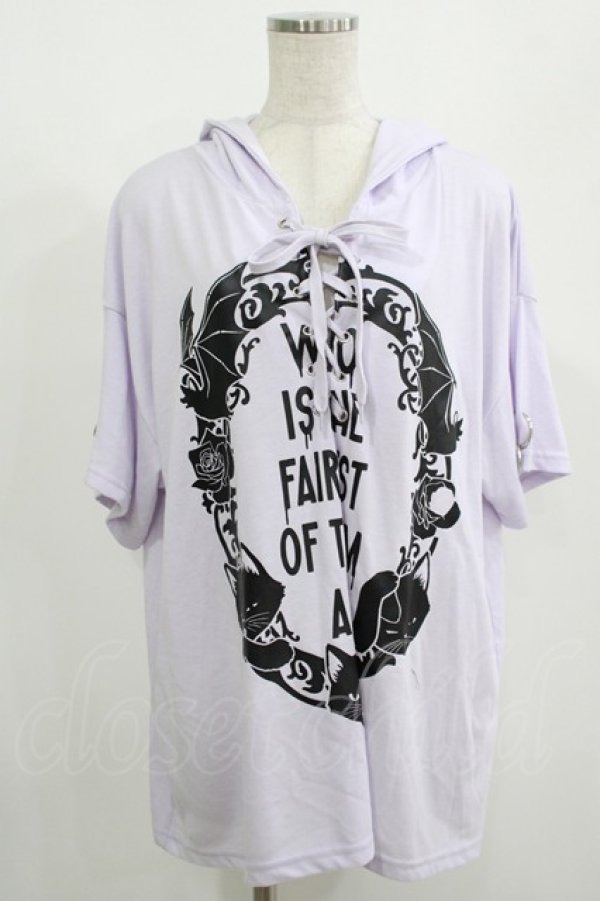 画像1: LISTEN FLAVOR / 黒猫ミラー袖リングレースアップフードカットソー  ラベンダー H-25-08-15-067-PU-TO-KB-ZT494 (1)