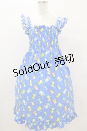 画像: Nile Perch / シャーリングワンピース Free 恐竜柄/ブルー H-25-08-16-1005-LO-OP-NS-ZH