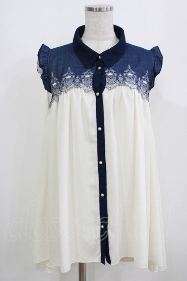 画像1: axes femme / ヨーク刺繍ノースリチュニック M オフ/ネイビー H-25-08-19-054-AX-BL-NS-ZH (1)