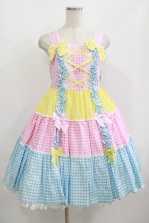 画像: Angelic Pretty / ギンガム配色肩リボンジャンパースカート Free ピンク/イエロー/サックス H-25-08-20-075-AP-OP-NS-ZH