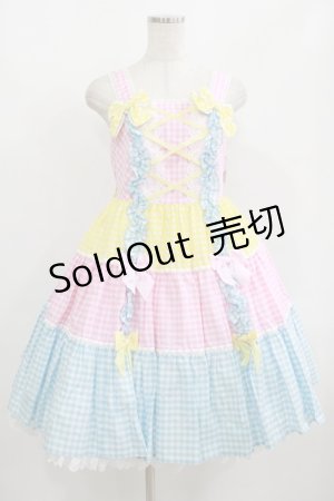 画像: Angelic Pretty / ギンガム配色肩リボンジャンパースカート Free ピンク/イエロー/サックス H-25-08-20-075-AP-OP-NS-ZH