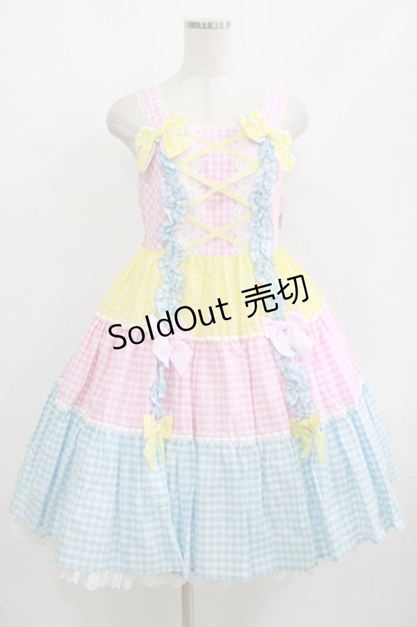 画像1: Angelic Pretty / ギンガム配色肩リボンジャンパースカート Free ピンク/イエロー/サックス H-25-08-20-075-AP-OP-NS-ZH (1)