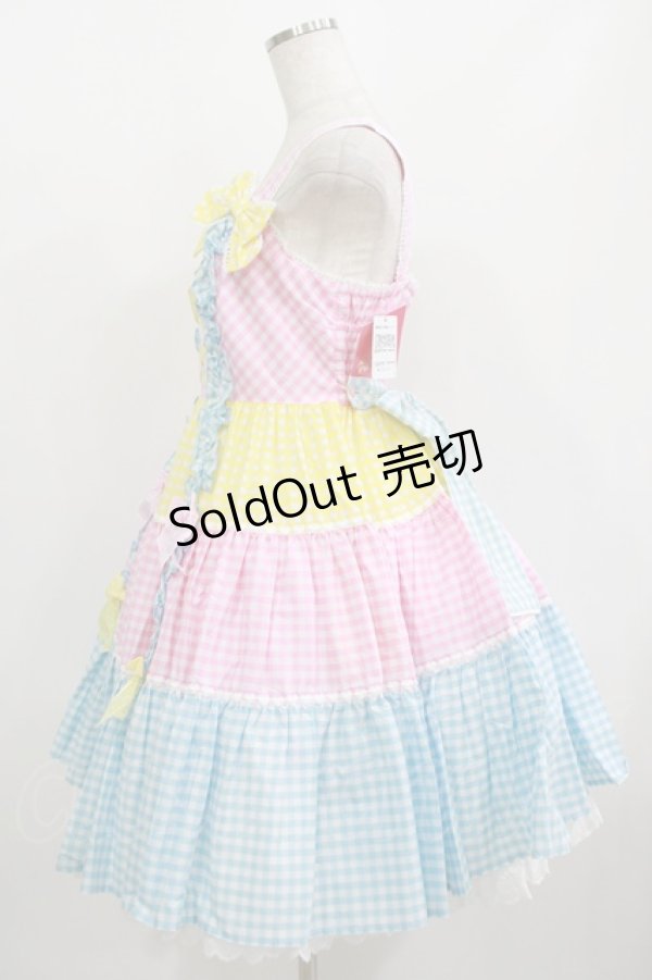 画像2: Angelic Pretty / ギンガム配色肩リボンジャンパースカート Free ピンク/イエロー/サックス H-25-08-20-075-AP-OP-NS-ZH (2)
