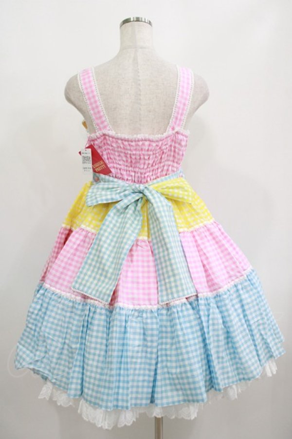 画像3: Angelic Pretty / ギンガム配色肩リボンジャンパースカート Free ピンク/イエロー/サックス H-25-08-20-075-AP-OP-NS-ZH (3)