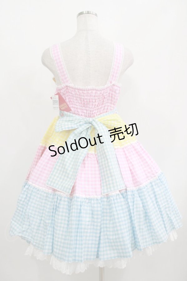 画像3: Angelic Pretty / ギンガム配色肩リボンジャンパースカート Free ピンク/イエロー/サックス H-25-08-20-075-AP-OP-NS-ZH (3)