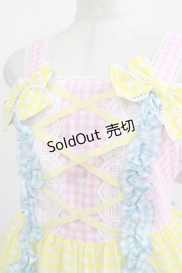 画像4: Angelic Pretty / ギンガム配色肩リボンジャンパースカート Free ピンク/イエロー/サックス H-25-08-20-075-AP-OP-NS-ZH (4)
