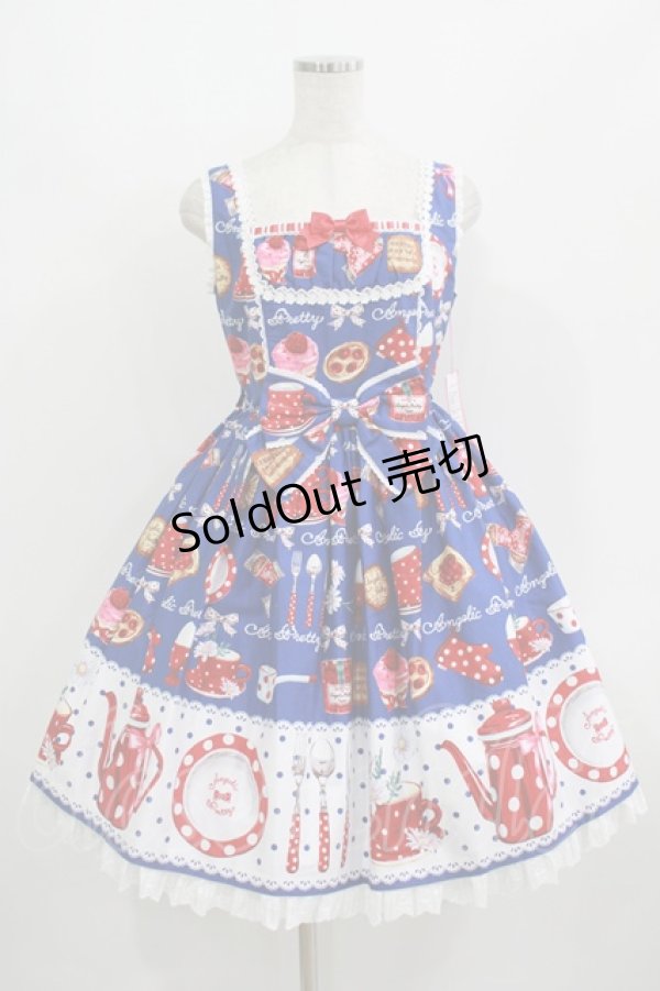 画像1: Angelic Pretty / French Cafe 切替ジャンパースカートSet Free ブルー H-25-08-20-003-AP-OP-NS-ZH (1)