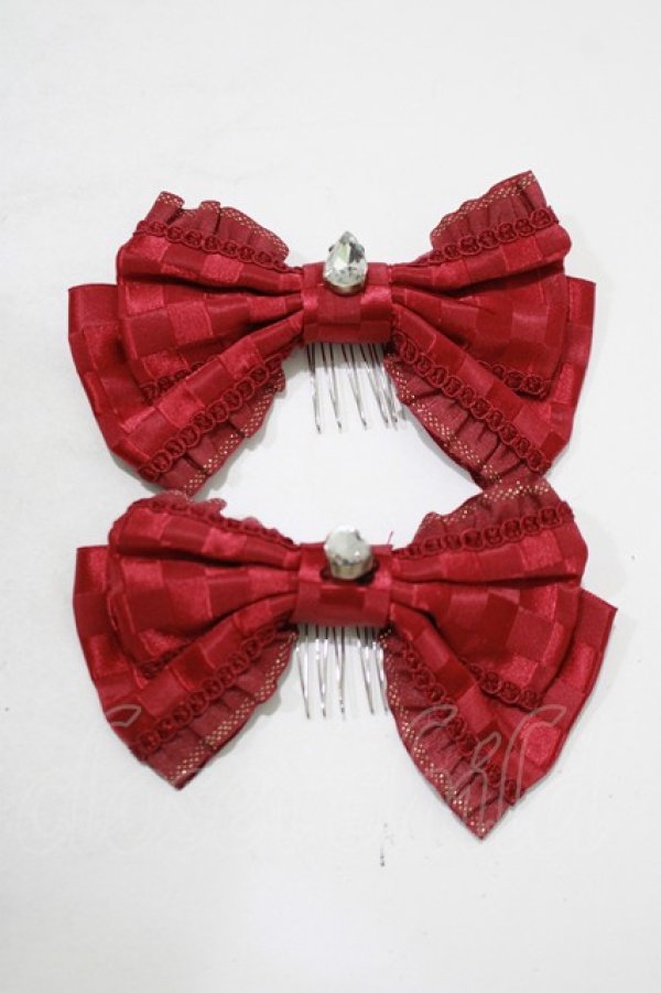 画像2: BABY,THE STARS SHINE BRIGHT / チェス柄クリスタルリボンコーム  エンジ H-25-08-23-060-BA-AC-NS-ZH (2)