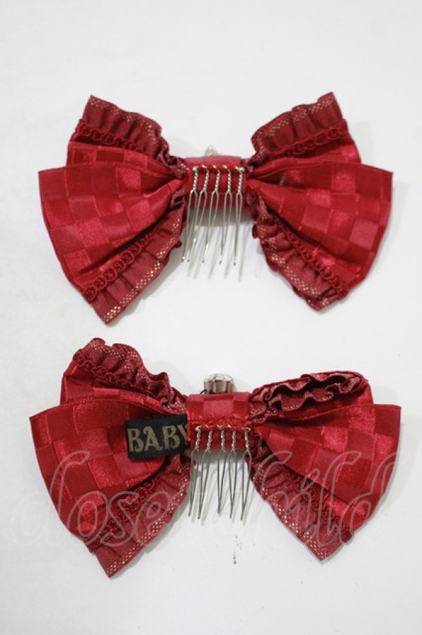 画像3: BABY,THE STARS SHINE BRIGHT / チェス柄クリスタルリボンコーム  エンジ H-25-08-23-060-BA-AC-NS-ZH (3)