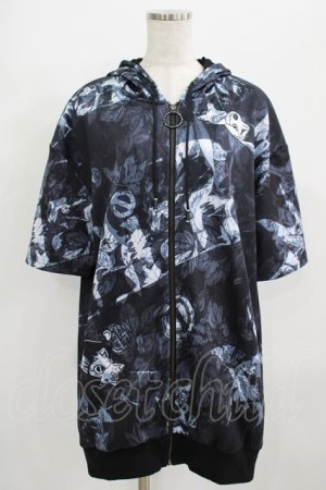画像: NieR Clothing / 総柄ZIP半袖パーカー  黒 H-25-09-01-042-PU-TO-KB-ZH