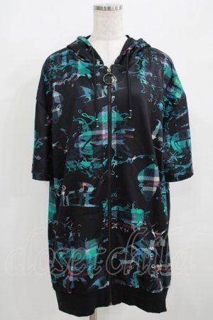 画像: NieR Clothing / 総柄ZIP半袖パーカー  黒 H-25-09-01-043-PU-TO-KB-ZH