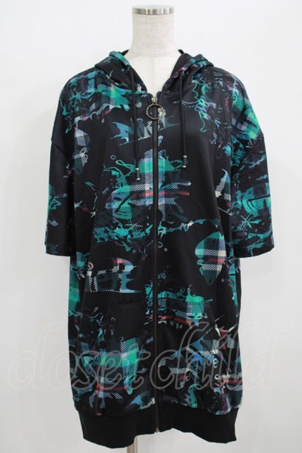 画像1: NieR Clothing / 総柄ZIP半袖パーカー  黒 H-25-09-01-043-PU-TO-KB-ZT264 (1)