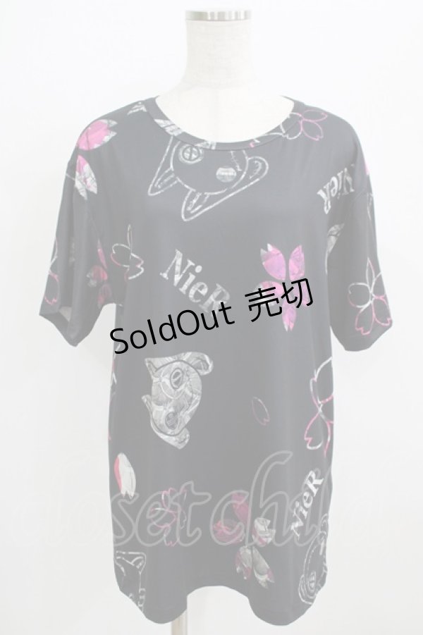 画像1: NieR Clothing / プリント半袖CUTSEW  黒 H-25-09-01-062-PU-TO-KB-ZH (1)