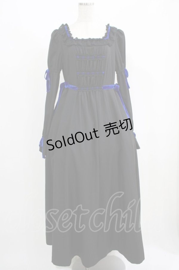 画像1: Moi-meme-Moitie / 別珍リボンロングワンピース  黒×青 H-25-09-01-002-MO-OP-KB-ZH (1)