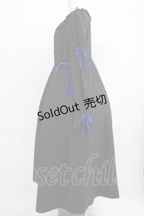 画像2: Moi-meme-Moitie / 別珍リボンロングワンピース  黒×青 H-25-09-01-002-MO-OP-KB-ZH (2)