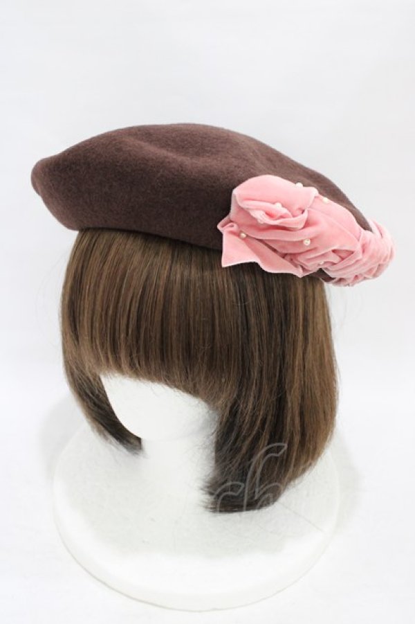 画像1: Emily Temple cute / パール＆ベルベットリボン付ベレー  茶 H-25-09-02-1005-ET-AC-KB-ZH (1)