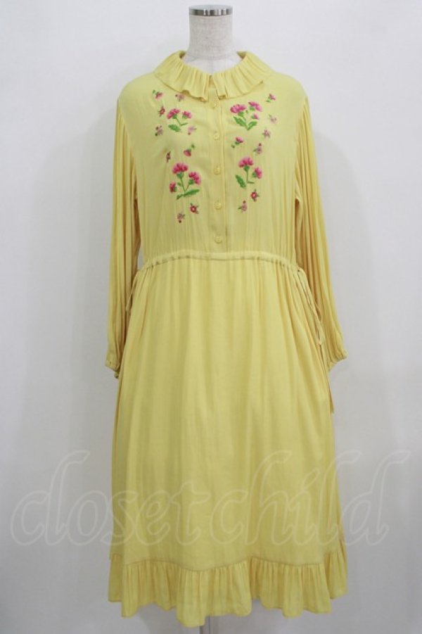 画像1: Jane Marple / クレープジョーゼットThistle embroideryドレス  イエロー H-25-09-04-045-JM-OP-KB-ZH (1)