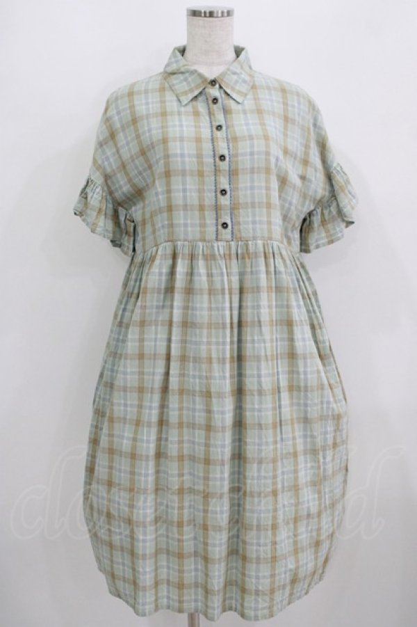 画像1: merry jenny / チェックフリルスリーブワンピース  グリーン H-25-09-04-046-LO-OP-KB-ZH (1)