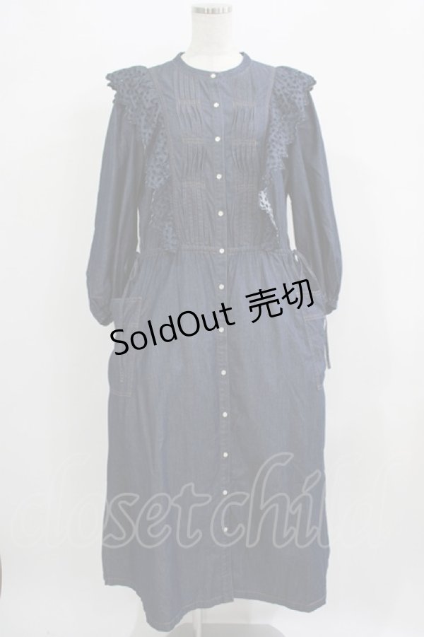 画像1: Jane Marple Dans Le Salon / ライトデニムレーストリムドレス  indigo H-25-09-05-015-JM-OP-KB-ZH (1)