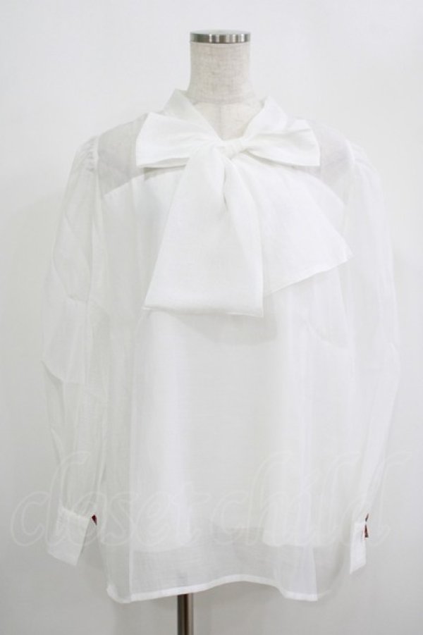 画像1: FLC / 皆方由衣コラボ/シアーリボンブラウス 4L オフ H-25-09-08-037-LO-BL-NS-ZH (1)
