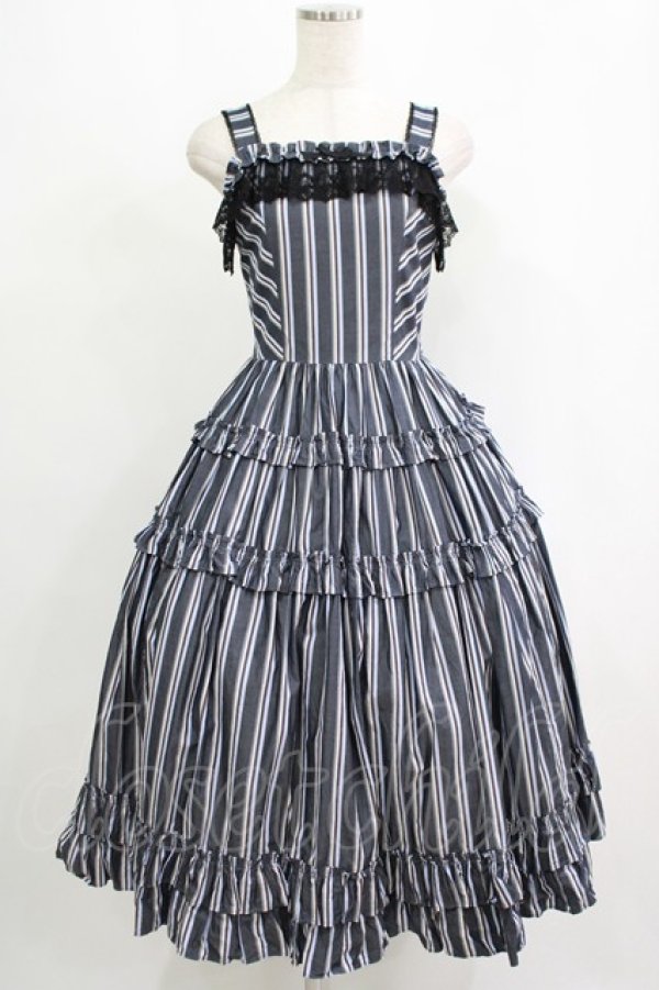 画像1: Innocent World / オリビアストライプジャンパースカート M112cm丈 ブラック/ネイビー H-25-09-10-006-IW-OP-NS-ZH (1)