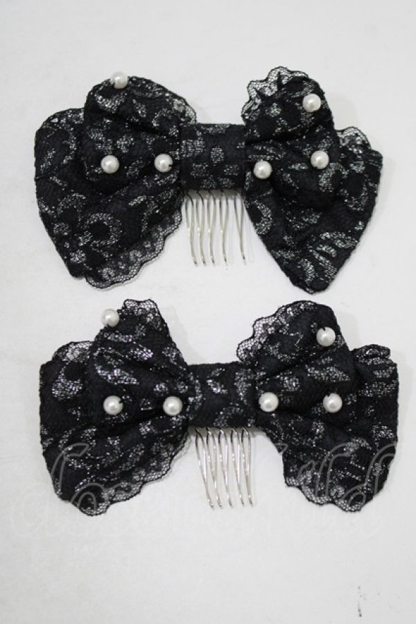 画像2: metamorphose / ラメ総レースパール付リボンコーム  ブラック H-25-09-11-057-ME-AC-NS-ZH (2)