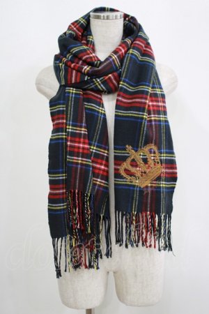 画像: Jane Marple / クラウン刺繍チェックストール  ブラック H-25-09-12-065-JM-ZA-KB-ZH