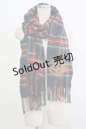 画像: Jane Marple / クラウン刺繍チェックストール  ブラック H-25-09-12-065-JM-ZA-KB-ZH