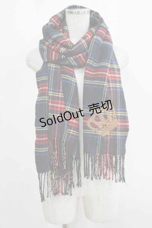 画像1: Jane Marple / クラウン刺繍チェックストール  ブラック H-25-09-12-065-JM-ZA-KB-ZH (1)
