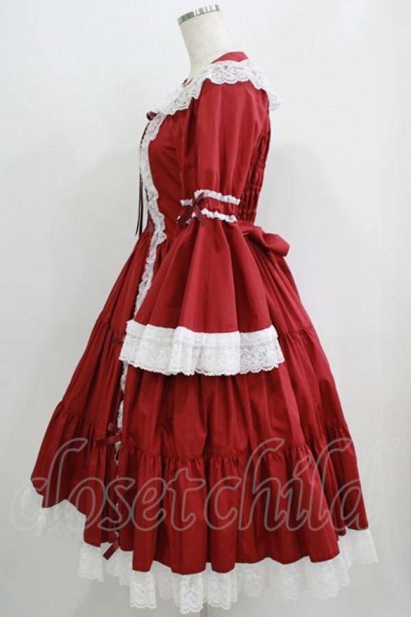 画像2: metamorphose / 無地ラッセルレースつき姫袖ワンピース サイズ1 エンジ/オフ白 H-25-09-13-004-ME-OP-NS-ZH (2)