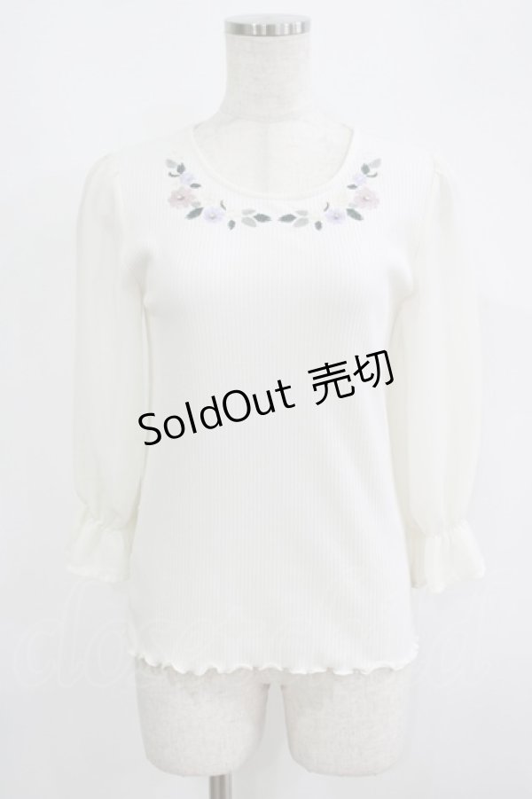 画像1: axes femme / シフォンスリーブ花刺繍カットソー M 生成 H-25-09-14-029-AX-TO-NS-ZH (1)