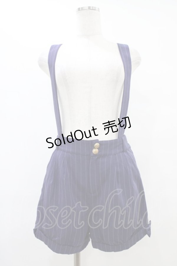 画像1: Amavel / サイドリボン付ストライプ柄サスペンダーショートパンツ Free ネイビー H-25-09-18-1045-CA-PA-NS-ZH (1)