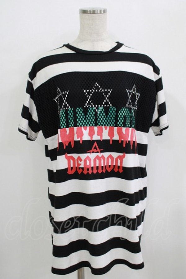 画像1: LISTEN FLAVOR / 悪魔の召喚メッシュ切替カットソー  ボーダー H-25-09-20-042-PU-TO-KB-ZT492 (1)