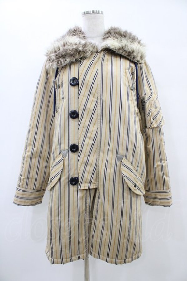 MILKBOY / ファーカラーモッズコート ベージュストライプ H-25