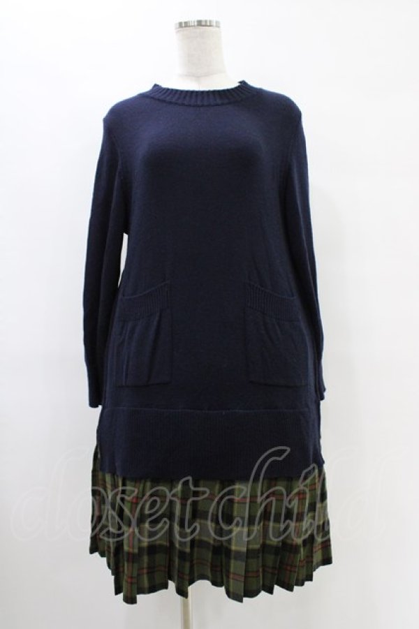 画像1: Jane Marple Dans Le Salon / ニットとTartan checkのトロンプルイユドレス M ネイビー×カーキ H-25-09-21-1019-JM-OP-KB-ZH (1)