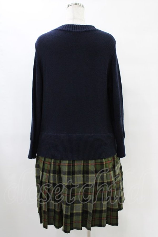 画像2: Jane Marple Dans Le Salon / ニットとTartan checkのトロンプルイユドレス M ネイビー×カーキ H-25-09-21-1019-JM-OP-KB-ZH (2)