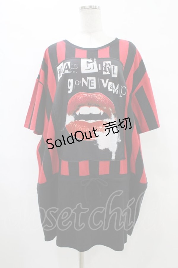 画像1: HELL CAT PUNKS / ストライプ切り替えBIG Tシャツ F 黒×赤 H-25-09-24-1056-PU-TO-KB-ZT1104J (1)