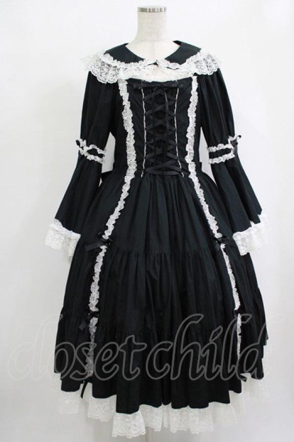 画像1: metamorphose / 【プラスサイズ】無地ラッセルレース姫袖ワンピース プラスサイズ ブラック/オフ白 H-25-09-28-001-ME-OP-NS-ZH (1)