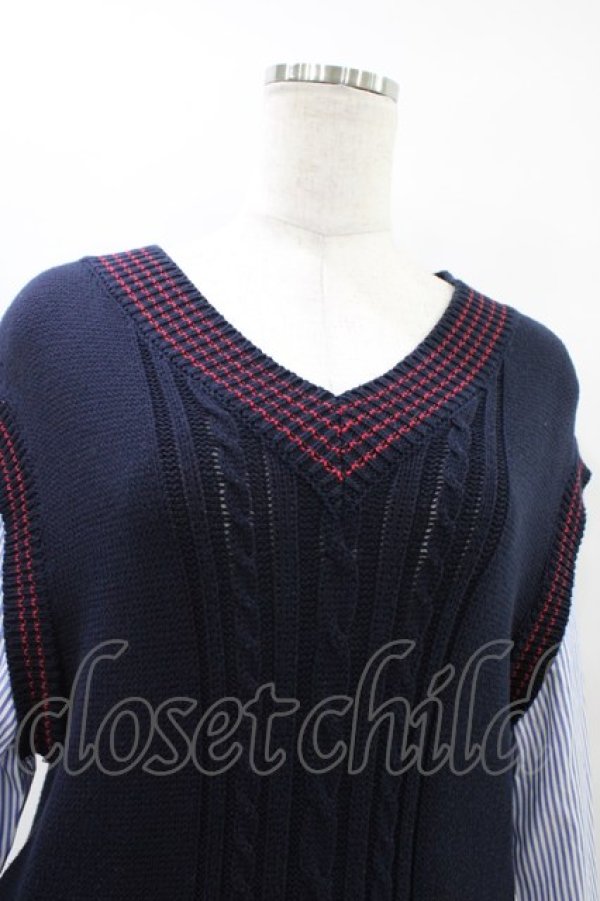 画像4: Jane Marple Dans Le Salon / Tilden vest and stripe trompe-l'oeil dress  ネイビー×ブルー H-25-09-28-1025-JM-OP-KB-ZH (4)