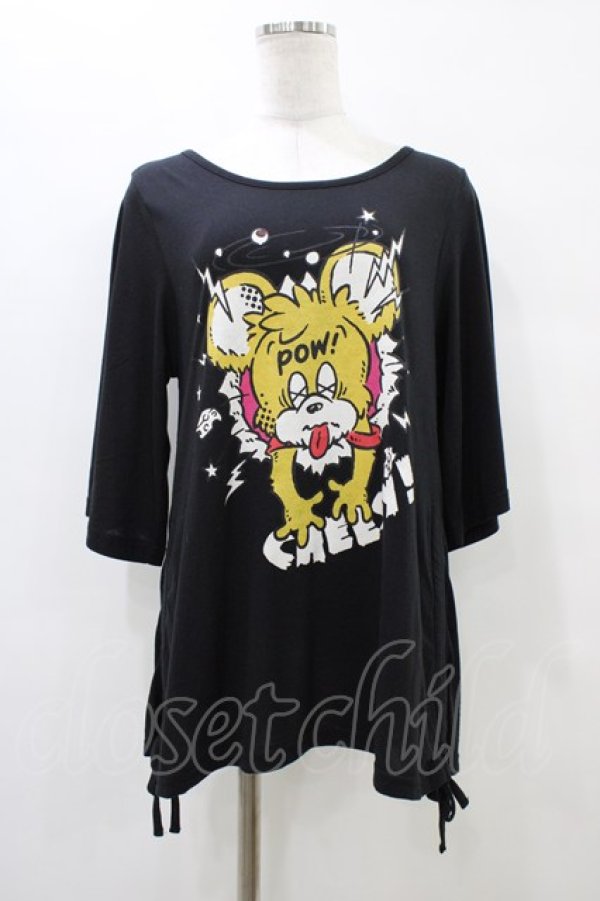 画像1: LISTEN FLAVOR / プリントサイドギャザーカットソー  黒 H-25-09-28-1054-PU-TO-KB-ZT138 (1)