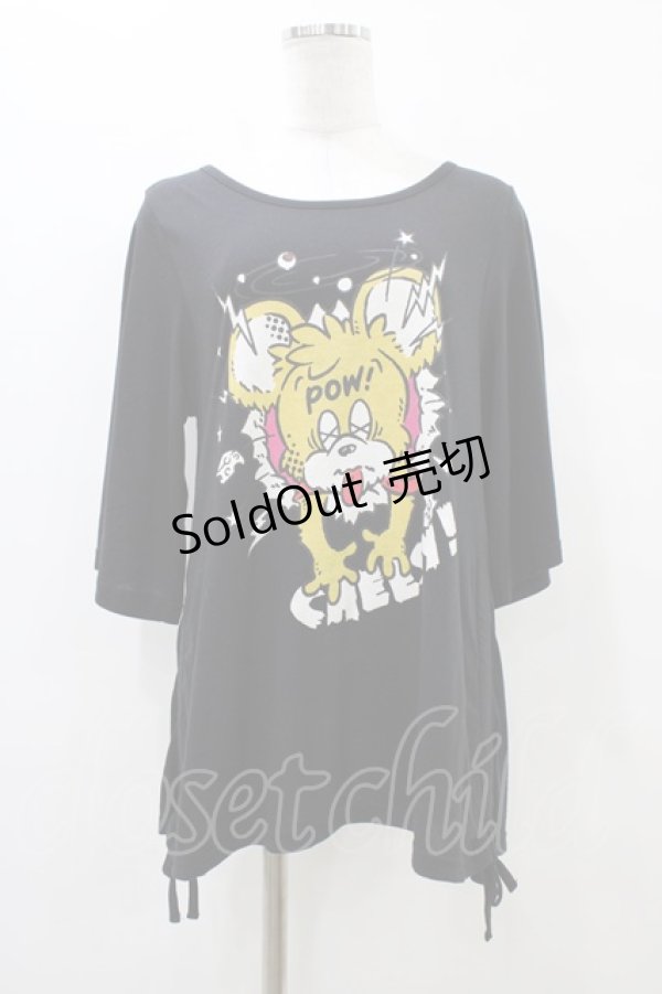 画像1: 【SALE】LISTEN FLAVOR / プリントサイドギャザーカットソー  黒 H-25-09-28-1054-PU-TO-KB-ZT138 (1)